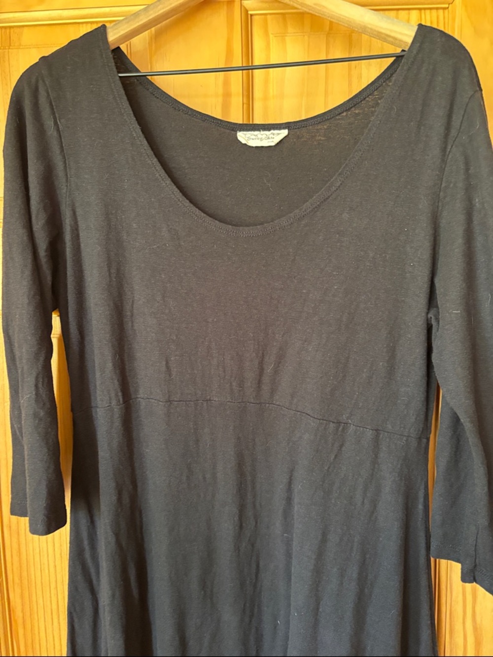 Sweet Skins Hemp Everyday Black Scoop Neck Midi Dress Three-Quarter Sleeves - Picture 2 of 4